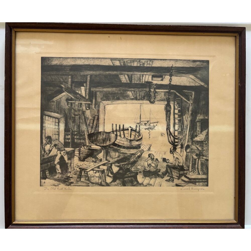 Lionel Barrymore Etching Print Old Boat Works Talio-Chrome Vintage Maritime